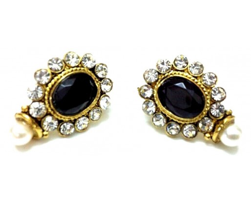Gold Oxidized Women Earring Stud Jewelry PushBack Classy Gift Rhinestone Bead 10
